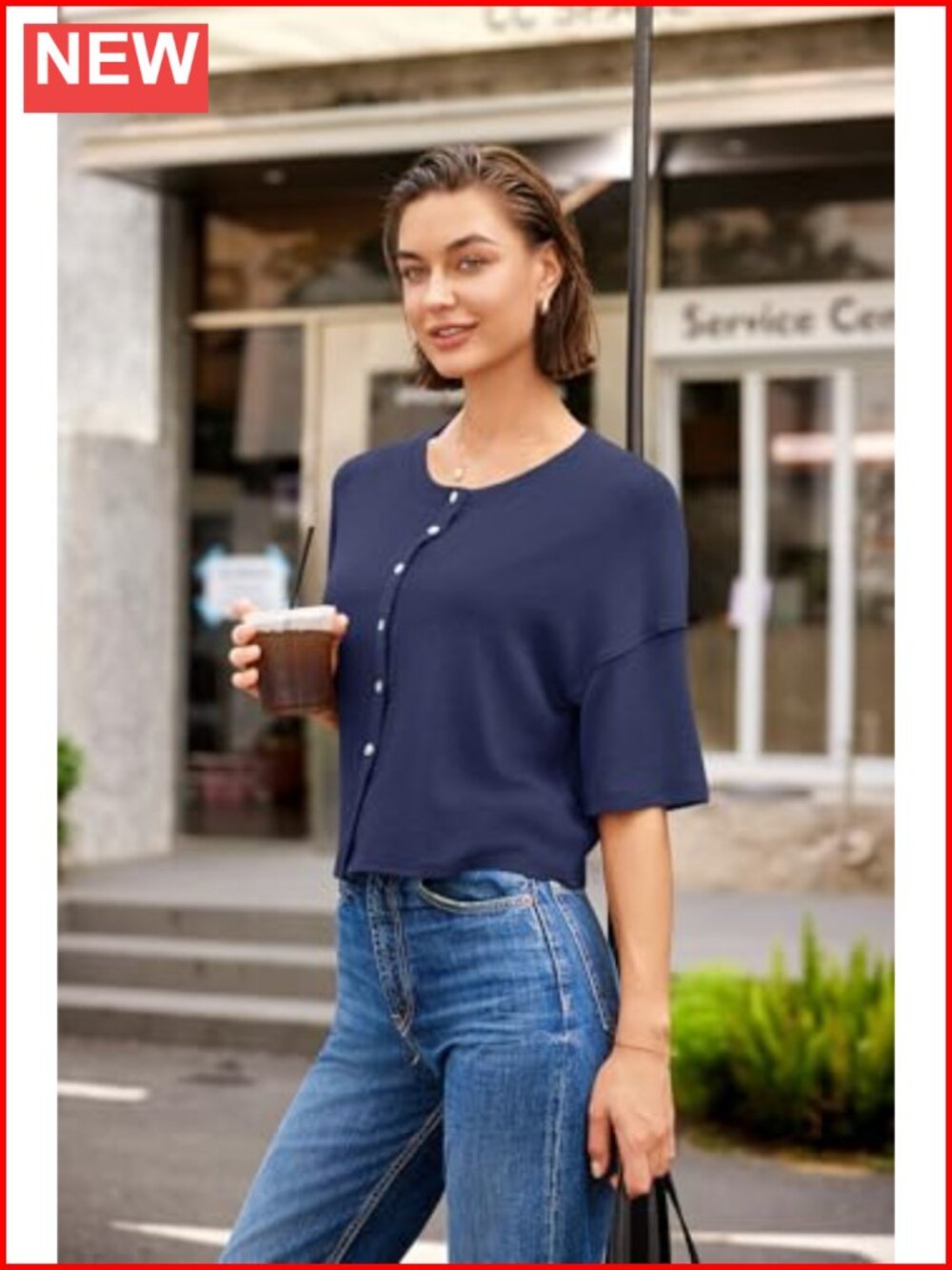 Womens Cropped Cardigan 3/4 Sleeve Button Up Lightweight Oversized Knit